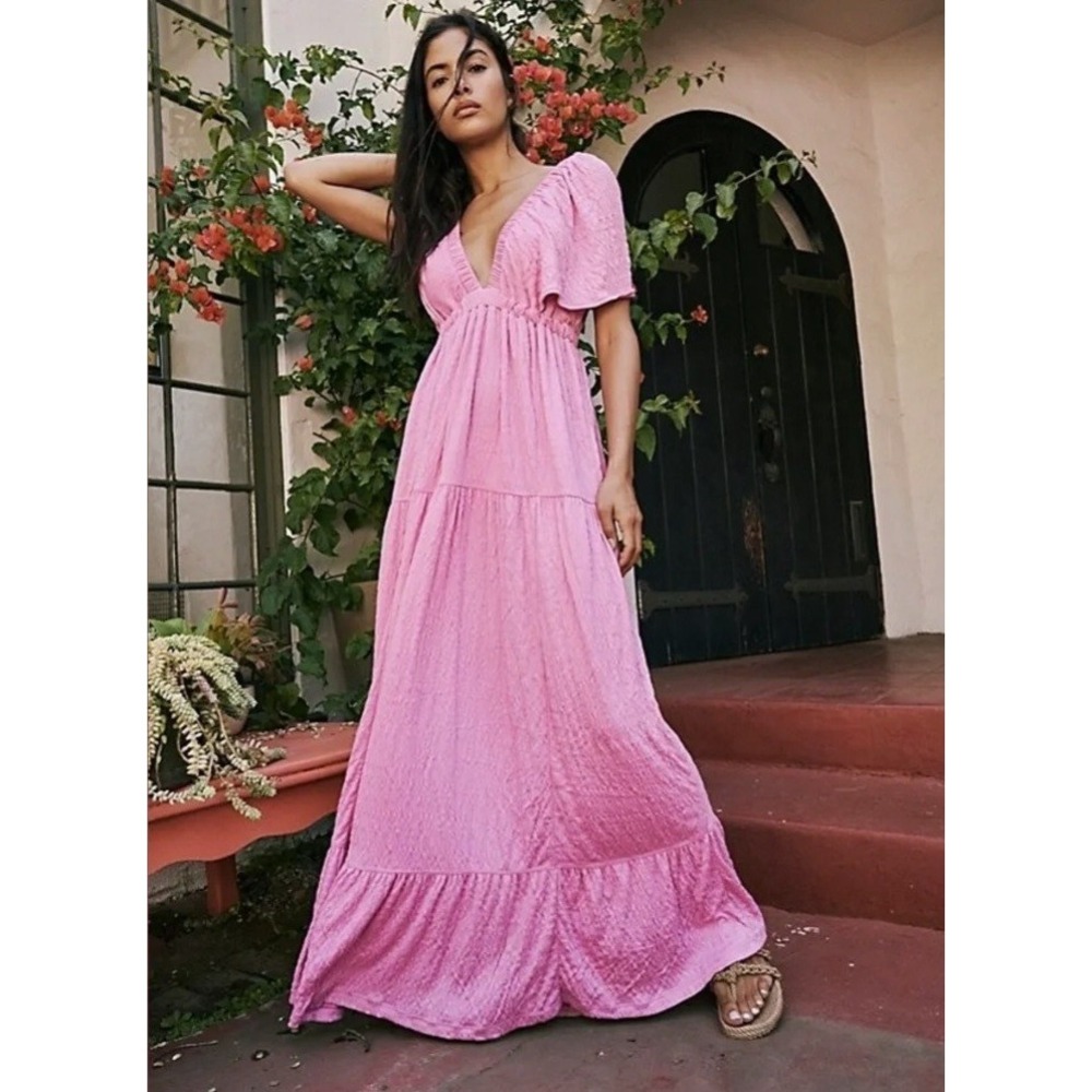 Free People Beach La La Maxi Dress Orchid Pink Textured V-Neck Open Back‎ Medium